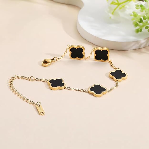 Everyday Black Onyx Style Four Clover Link Chain Bracelet