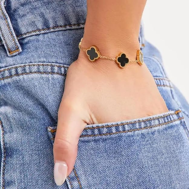 Everyday Black Onyx Style Four Clover Link Chain Bracelet