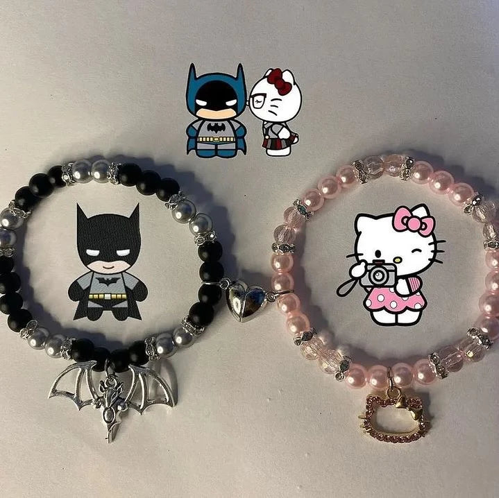 Batman & Hello Kitty Magnetic Matching Bracelets for Couples – Beaded Heart Connector Set