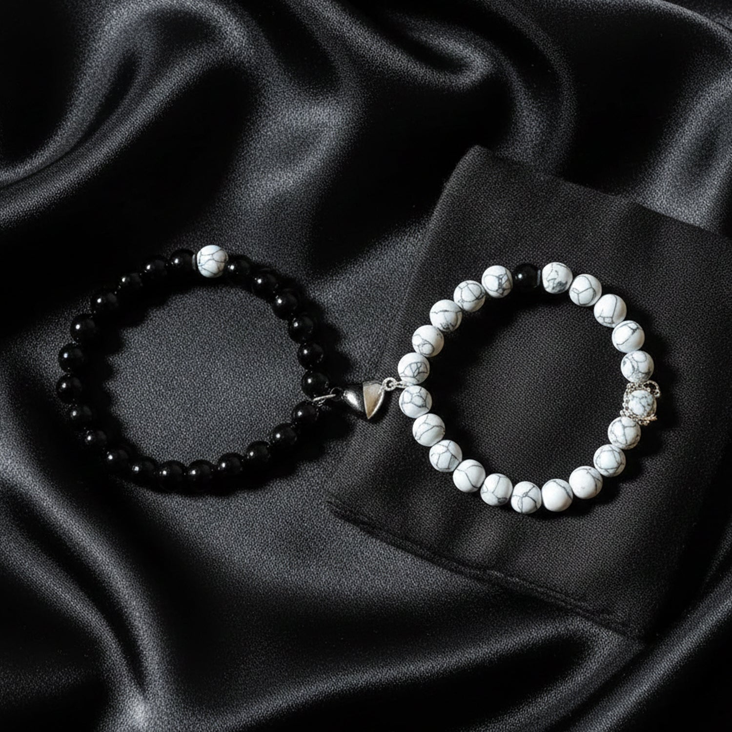 Black & Marble White Beaded Couple Bracelet Set | Matching Love Bracelets for Couples – Ashwear