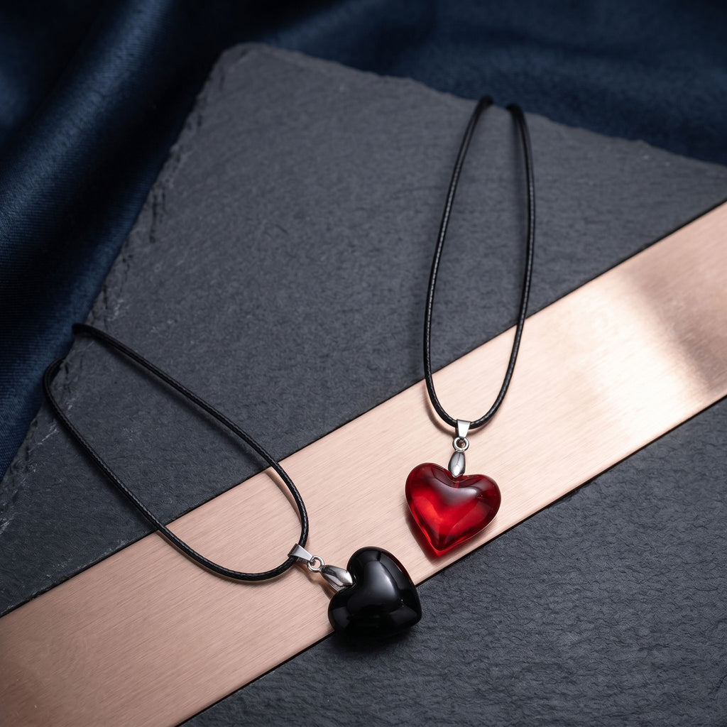 Black and Red Heart Couple Necklace Set Matching Love Pendant Romantic Gift for Couples by Ashwear