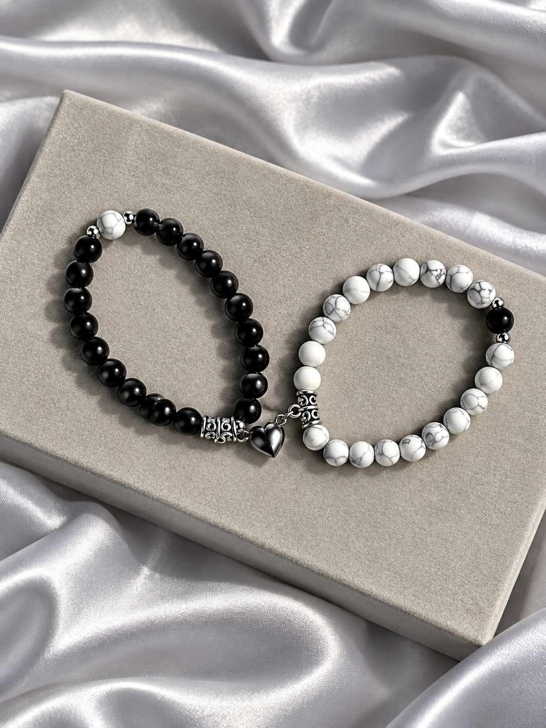 Black & White Magnetic Heart Matching Bracelets – Couple Bracelet Set
