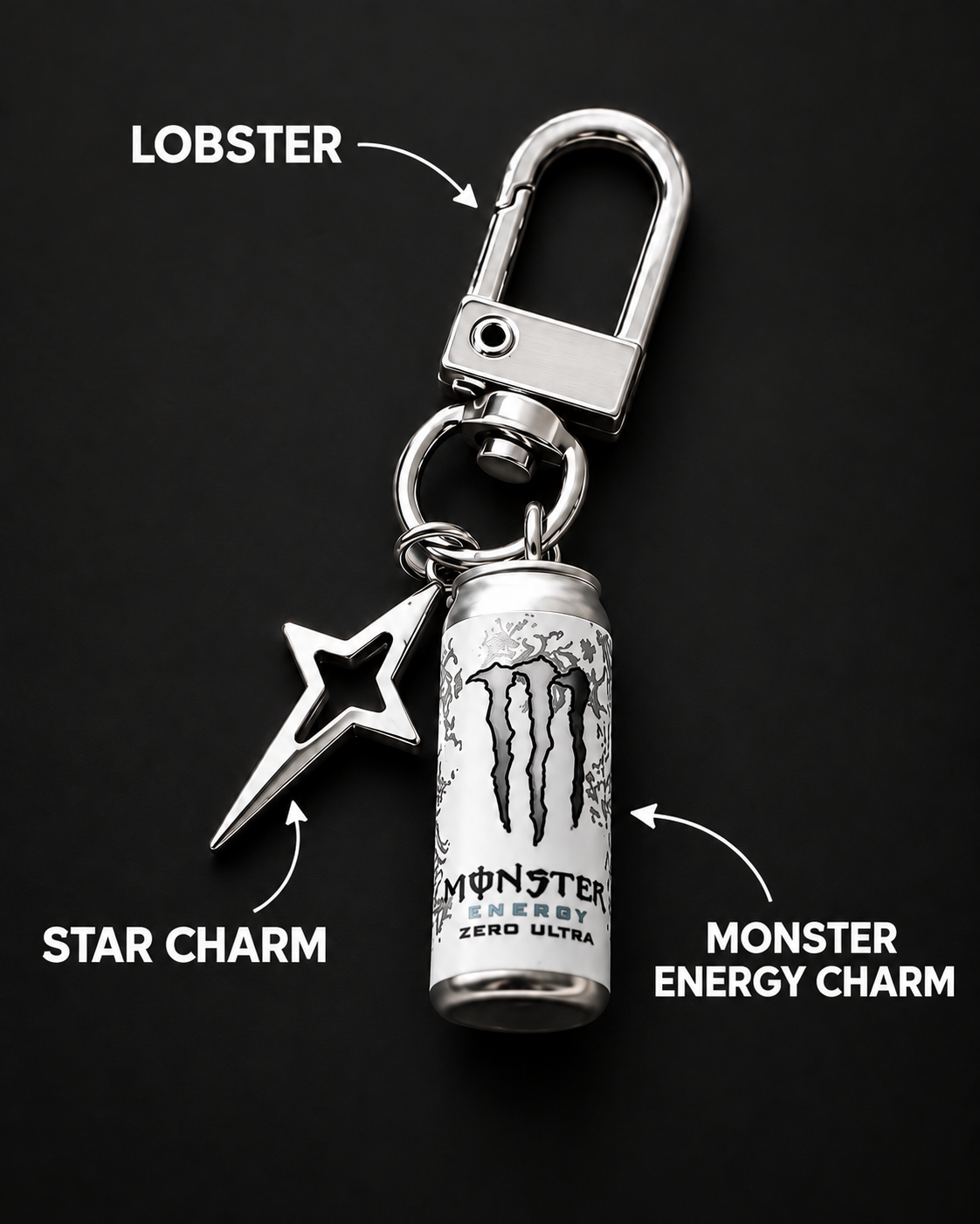 Monster Energy Zero Ultra Star Charm Keychain – Y2K Silver Bag Charm