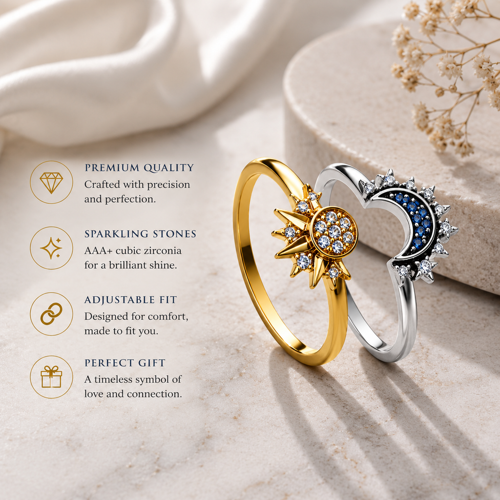 Sun & Moon Couple Matching Rings for Couples | Adjustable Open Ring Set | Romantic Promise Rings for Him & Her | Stainless Steel Couple Jewelry Gift
