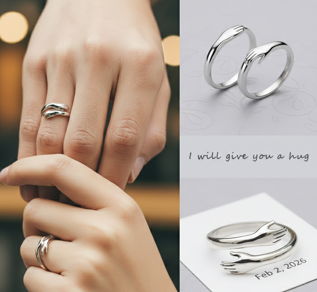 Couple Hug Ring | Adjustable Silver Embrace Ring for Couples, Romantic Love Gift