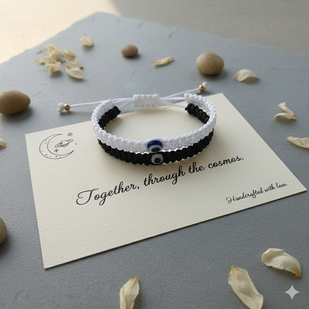 Yin Yang Couple Bracelet Set – Black White Matching Evil Eye Adjustable Bracelets for Couples