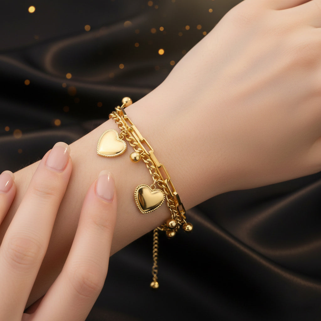 Premium Gold Heart Charm Anti Tarnish Layered Chain Bracelet for Women