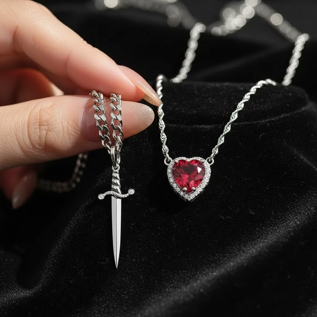 Heart & Sword Matching Couple Necklace – Love & Loyalty Pendant Set for Couples