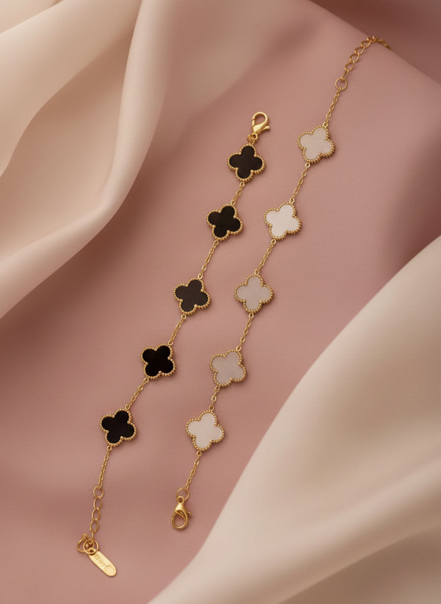 Premium Clover Black & White Charm Anti Tarnish Gold Bracelet