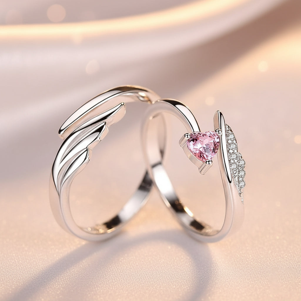 Adjustable Angel Wing & Heart Ring | Sterling Silver Promise Ring for Her