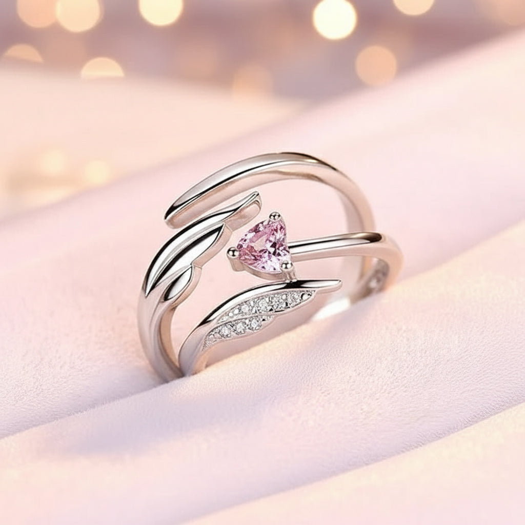 Adjustable Angel Wing & Heart Ring | Sterling Silver Promise Ring for Her