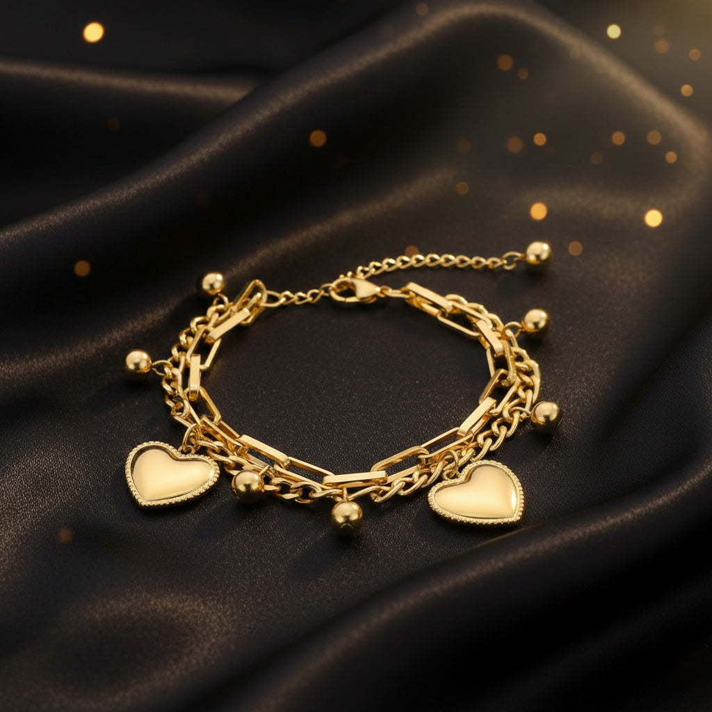 Premium Gold Heart Charm Anti Tarnish Layered Chain Bracelet for Women