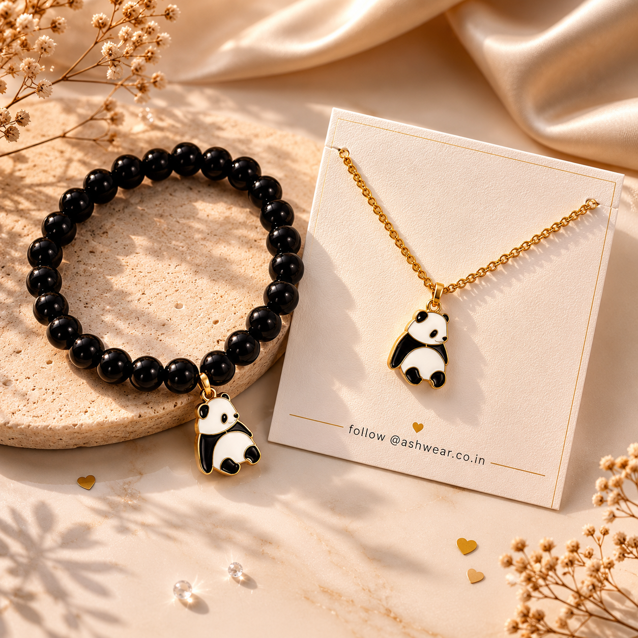 Panda Charm Black Beaded Bracelet & Necklace Set