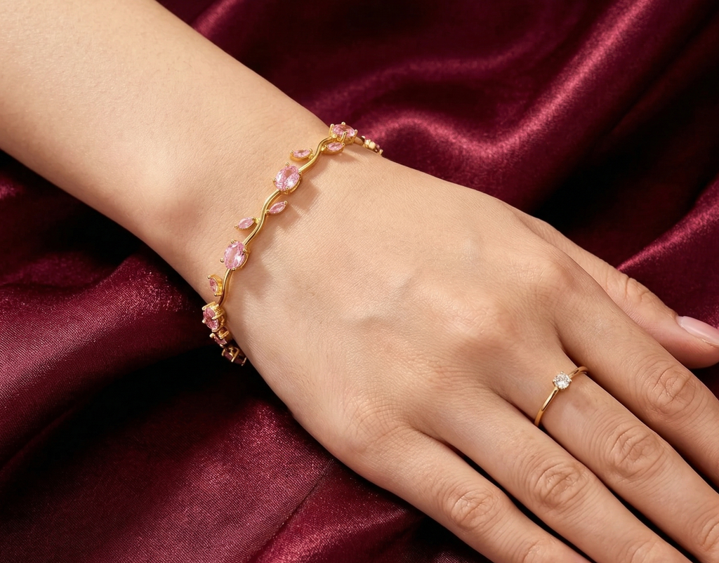 Pink Tulip Bracelet – Elegant Gold-Plated Floral Jewelry for Women