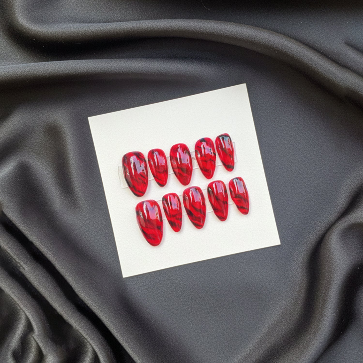 Red & Black Marble Luxury Press-On Nails | Glossy Designer Statement Nails for Women – Ashwear