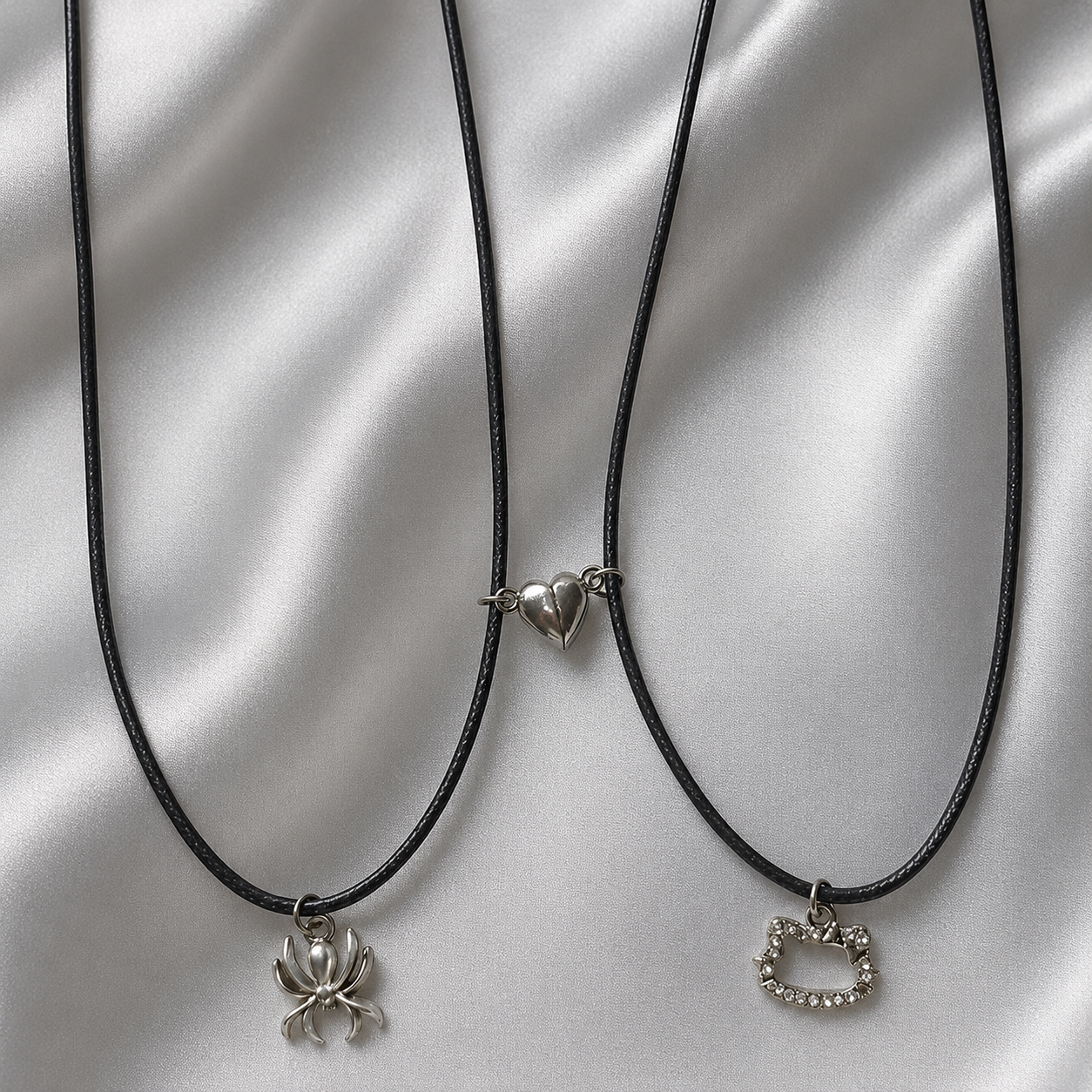 Spider & Hello Kitty Magnetic Matching Couple Pendant Necklace Set | Best Friend & Couple Necklace | Adjustable Cord Chain | Gift for Him & Her