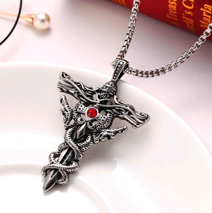 Vintage Dragon Sword Cross Pendant Necklace | Gothic Stainless Steel Necklace for Men & Women | Ashwear