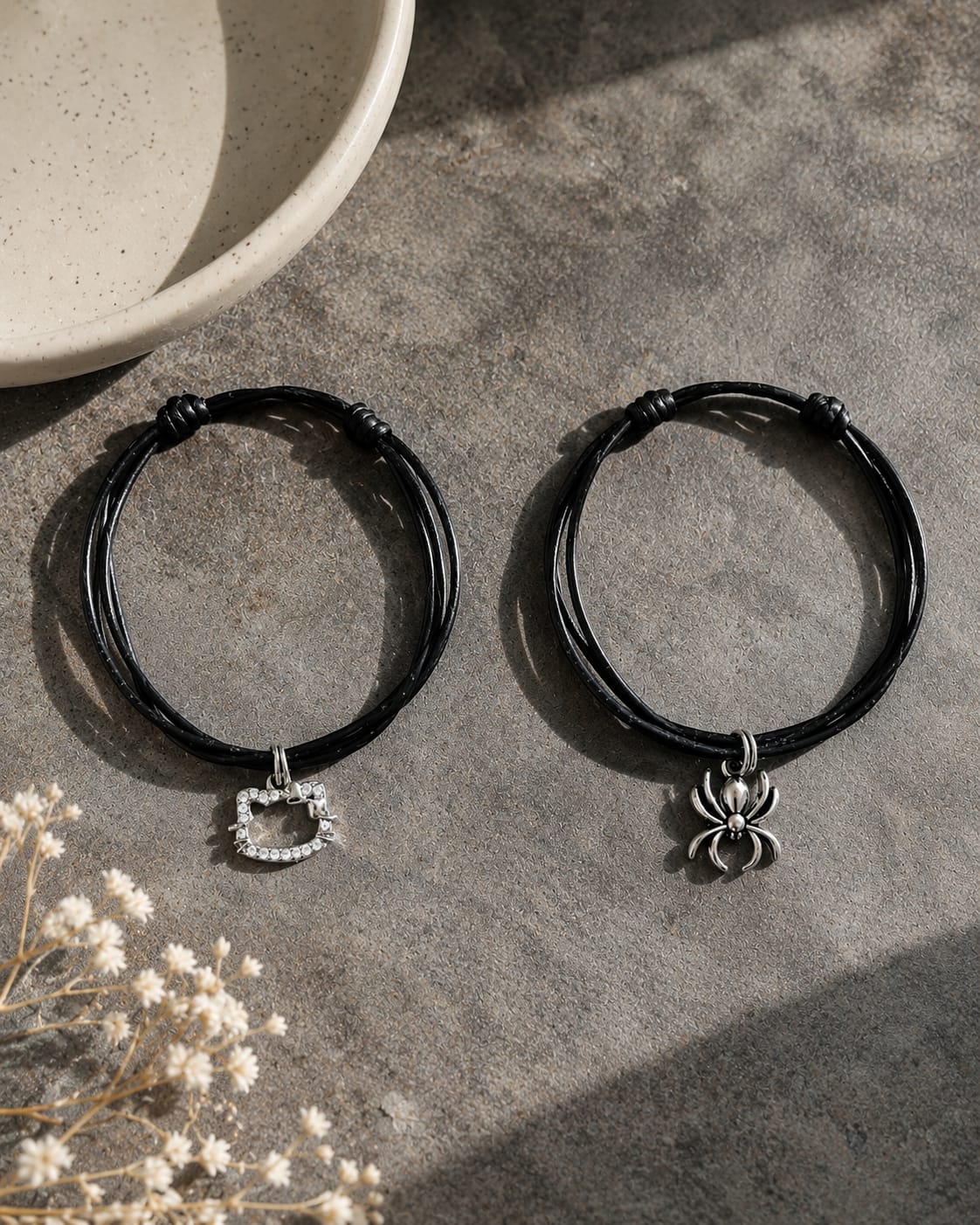 Web & Whiskers Matching Couple Bracelets – Black Adjustable Charm Bracelet Set